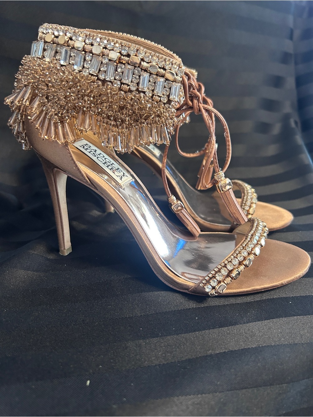 Badgley Mischka Rose Gold Jeweled Fringe High Heels